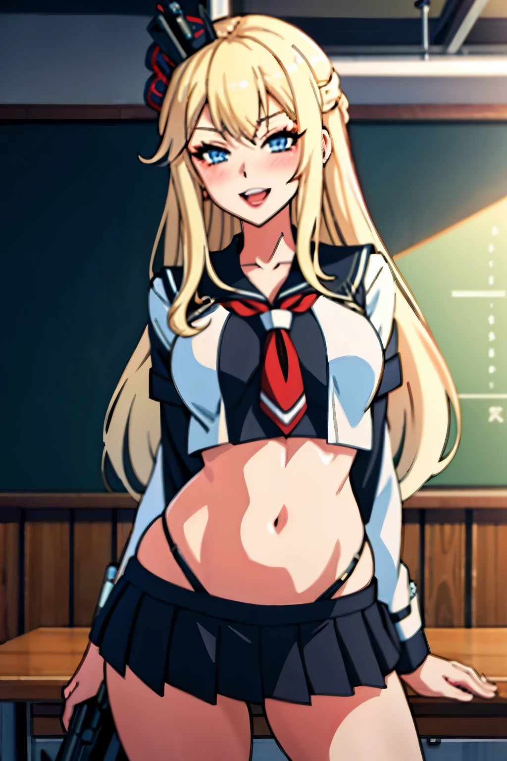 ,retro artstyle,solo,1girl,maron,(blue eyes, blonde hair, blunt bangs), medium breasts , long hair, blush, lipstick, jewelry, earrings, Hot girl, baddie, mean girl, sensual, attractive, masterpiece, best quality, highly detailed, a anime girls in sailor uniforms with a gun posing for a picture,
evil smile, smile, open mouth,black_serafuku, ecchi anime style, anime girls , (nsfw) not safe for work,
ecchi style, ecchi, shipgirls, digital anime art!!, high school girls, holding a gun, hold a gun, anime style 4
k, micro skirt, exposed belly, exposed navel, exposed midriff, holding pistol,underboob,
exposed lower belly,school, classroom, 