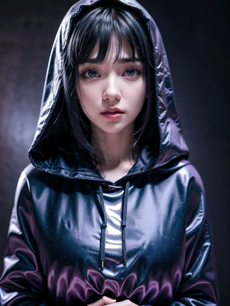 a close up of a person with long hair and a hoodie, hinata hyuga, hinata hyuga from naruto, from naruto, as an anime character, perfect anime face, she has dark blue hair with bangs, female anime character, anime character, anime best girl, hime cut hairstyle, dark blue hair, (red glossy lips:1.3), light purple eyes, big breasts, realistic, ultra detail, indoor background