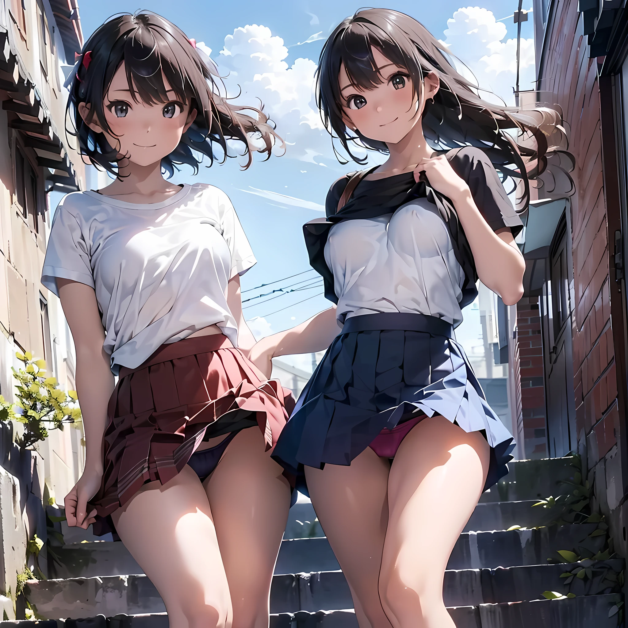 ((highest quality)), ((masterpiece)), (High resolution), 8K, best shadow, The best natural light, cinematic, climbing the stairs、1girl, smiling, ((Rear view))、(Angle from directly below the rear), ((View from directly below))、(Skirts that turn over in strong winds:1.4), (shirt lift:1.2), (tits), (Stylish thin satin panties), slender body, beautiful thighs, embarrassed look