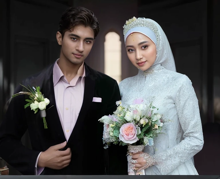 make me a photo image RAW, Best quality, high resolution, masterpiece: 1.3), Photo a bride and groom where the groom is handsome and the bride is beautiful . Photo of a bridal couple where the groom is a handsome man and bride is wearing a hijab. A beautiful Malay woman in hijab, Masterpiece, perfect fit body, thick thighs, beautiful face, beautiful big eyes, Soft smile, ((close up)), muslim woman in hijab walking on the garden flowers, wearing baju kurung modern, beautiful in cute pastel shades, beautiful in pastel shades, lilac, purple, wearing decorative clothes, at sunrise,, at dusk , Great lighting, Bright colors, Ultra realistic clean lines, very realistic