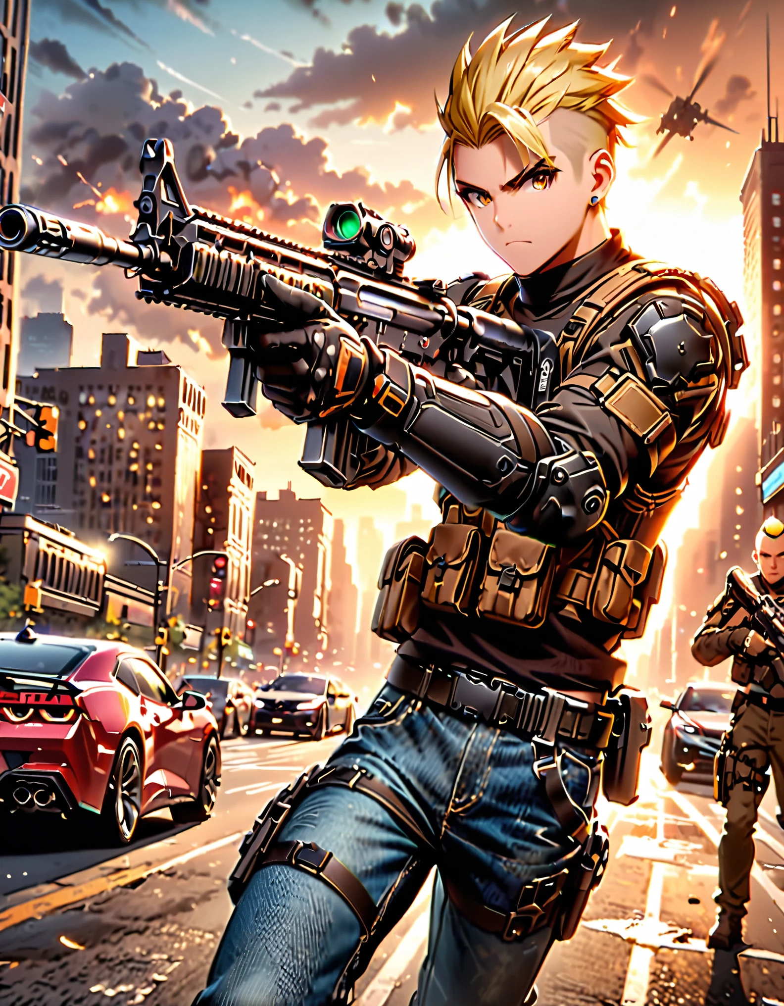 masterpiece, best quality, high res, 1boy, blonde hair, short hair, mohawk, perfect hands, finger on trigger, gloves, gun, holding gun, holding weapon, assault rifle, holster, male focus, rifle, new york city backdrop, solo, solo focus, trigger discipline, weapon, brown eyes, assault vest, black sweater, jeans, sneakers. 1car, motor vehicle, automobile, chevorlet camaro. action: standing straight. facial expression: determined
