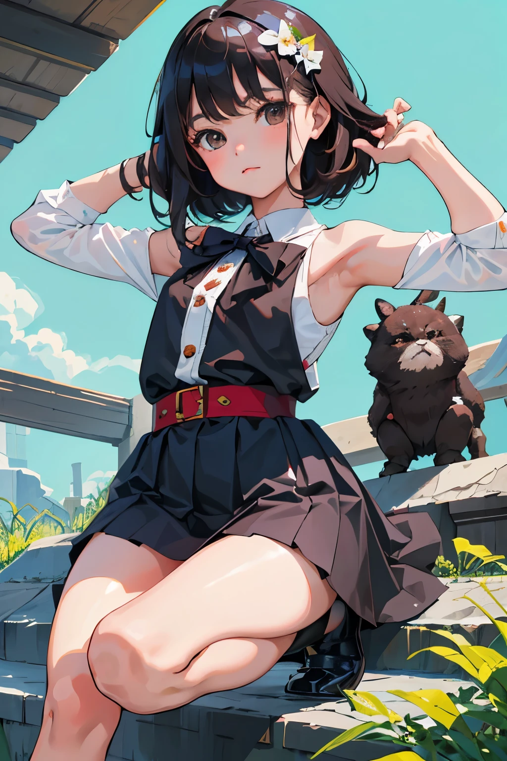(child),highest quality,Beautiful face in every detail,cute,Dark brown eyes,(背の低いcute女の子,Small young student,Young delicate girl),(masterpiece,Top quality),Black Hair,Sleepy expression,Sleeveless,(White mini skirt),Crouching