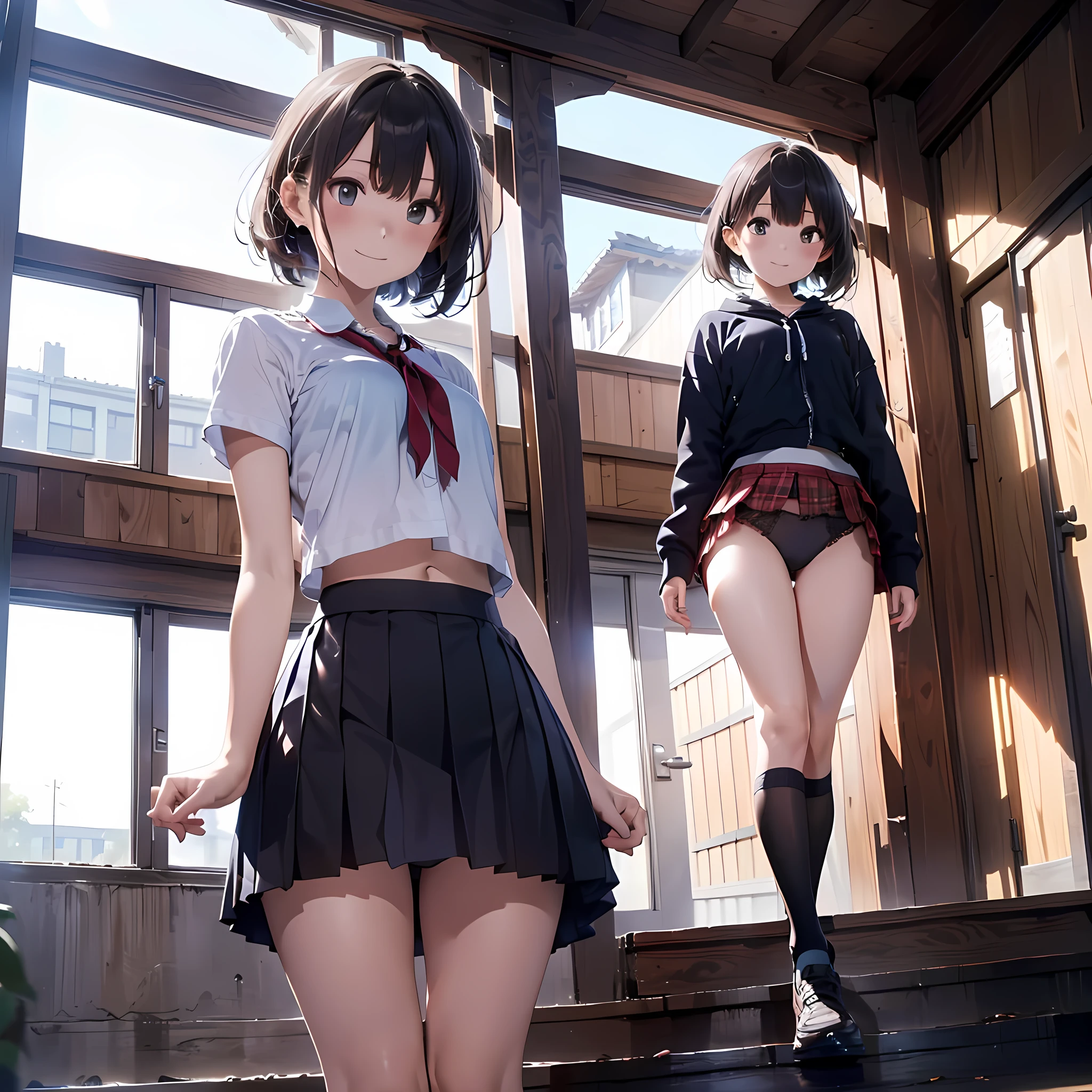((highest quality)), ((masterpiece)), (High resolution), 8K, best shadow, The best natural light, cinematic, climbing the stairs、girls, smiling, ((Rear view))、(Angle from directly below the rear), ((View from directly below))、(Skirts that turn over in strong winds:1.4), (Stylish thin satin panties), slender body, beautiful thighs, embarrassed look
