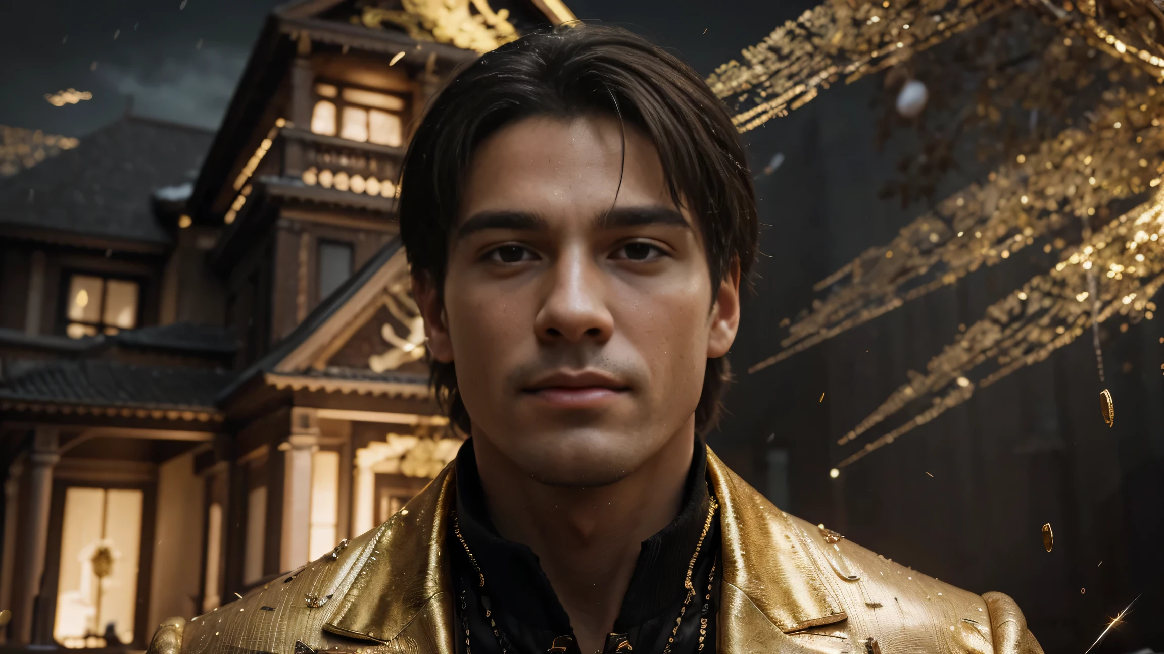 a man in front of a mansion full of gold coins falling from the sky, ultra detailed image, realism, 8k, hyper detailed skin, intense and vivid colors.