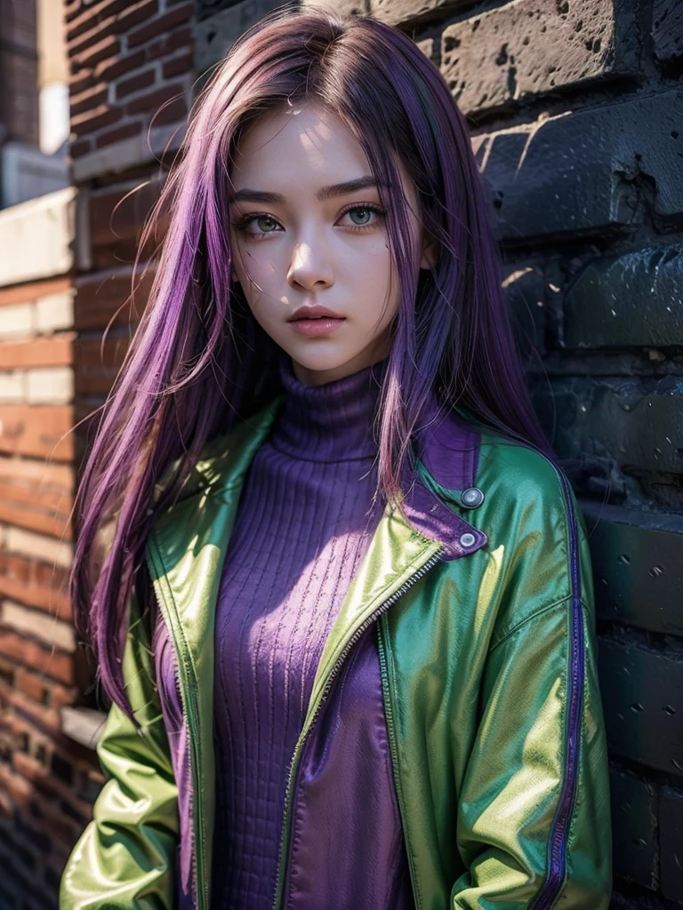 (masterpiece, best quality, 1girl, solo, intricate details, chromatic aberration), realistic, ((medium breath)),long hair, purple hair, purple head ornament, purple highlights, hair over one eye, green eyes, sharp eyes, choker, neon shirt, torn legwear, open jacket, turtleneck sweater, against wall, brick wall, graffiti, dim lighting, alley ,look at viewer,