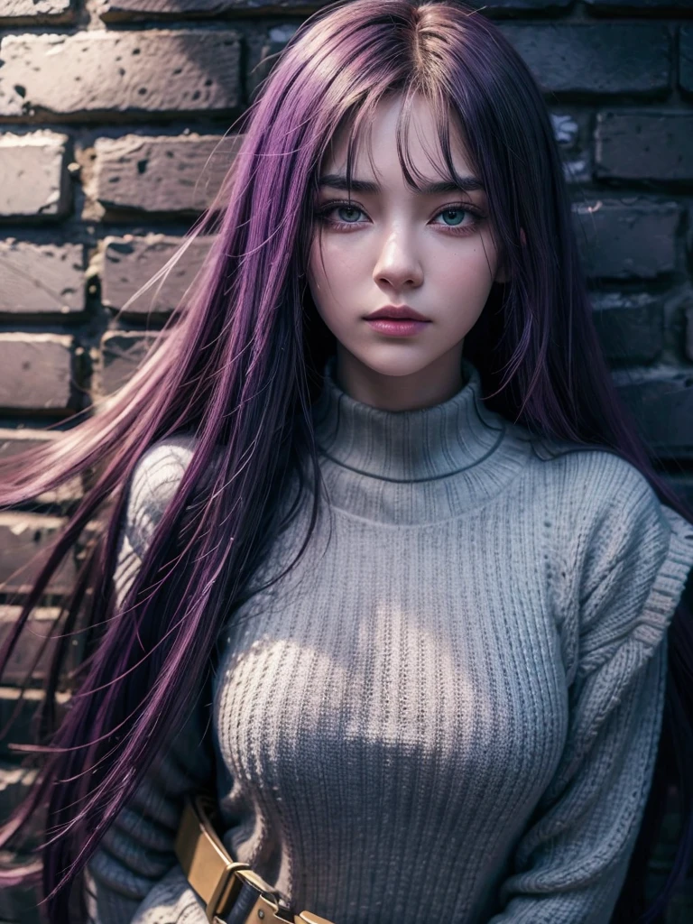 (masterpiece, best quality, 1girl, solo, intricate details, chromatic aberration), realistic, ((medium breath)),long hair, purple hair, purple head ornament, purple highlights, hair over one eye, green eyes, sharp eyes, choker, neon shirt, torn legwear, open jacket, turtleneck sweater, against wall, brick wall, graffiti, dim lighting, alley ,look at viewer,