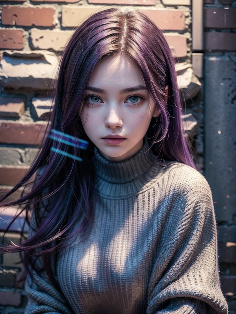 (masterpiece, best quality, 1girl, solo, intricate details, chromatic aberration), realistic, ((medium breath)),long hair, purple hair, purple head ornament, purple highlights, hair over one eye, green eyes, sharp eyes, choker, neon shirt, torn legwear, open jacket, turtleneck sweater, against wall, brick wall, graffiti, dim lighting, alley ,look at viewer,