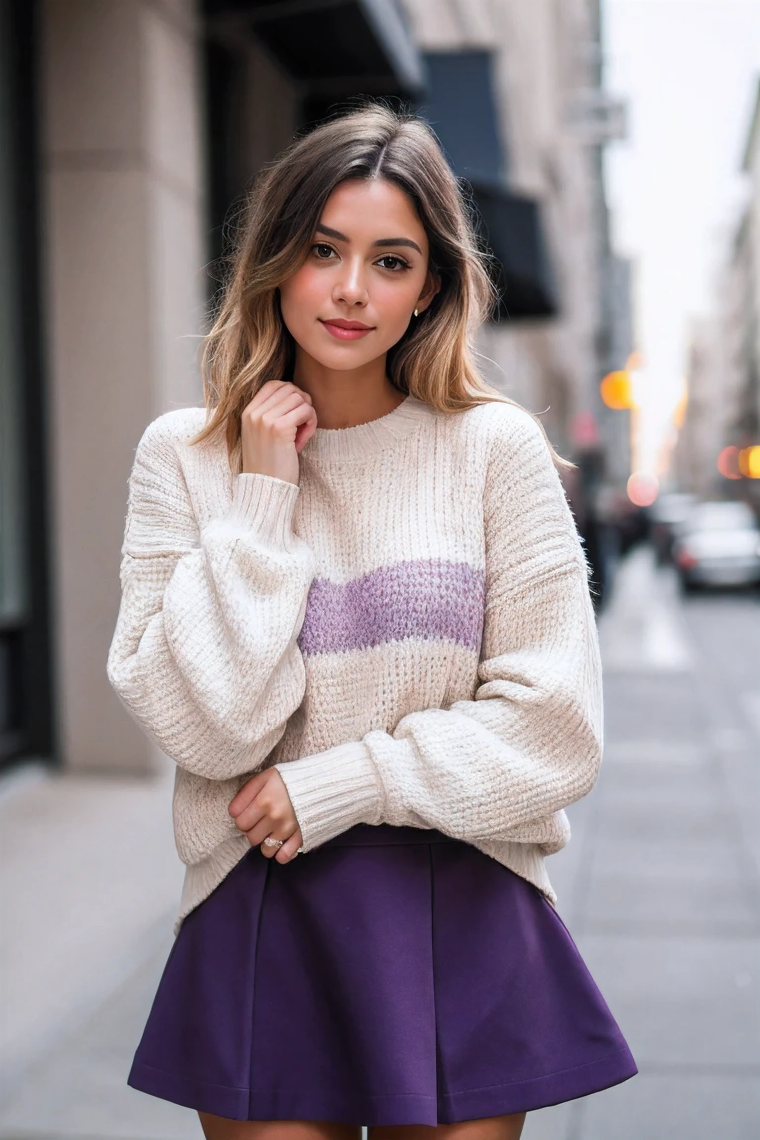 8k uhd, high quality , RAW photo, professional photograph , shot on a Canon EOS 5D , A woman in a white sweater and purple skirt, a pastel,
