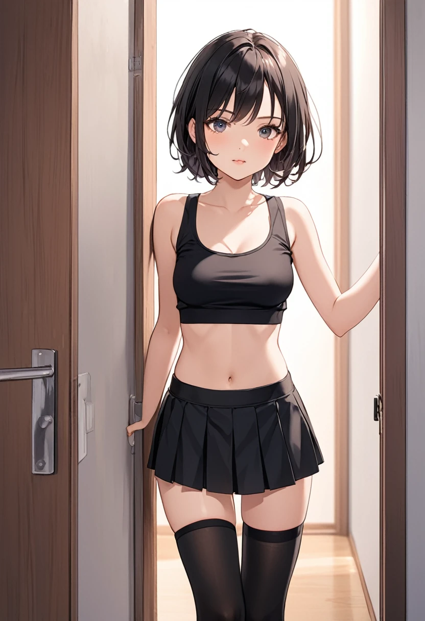 Anime girl
wearing a black crop top and small skirt with thigh high socks in a bedroom leaning against the door frame