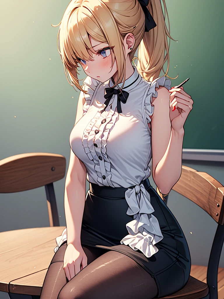 (highest quality, High resolution, perfect pixel, Depth of bounds written, 4K), upper body, (chair), (desk), (looking down), (detailed eyes), (1 lady), tall, (skinny body:1.2), (thin thighs:1.2), (Narrow hips:1.2), (teacher:1.2), (white sleeveless frilled shirt:1.2), middle breasts, blond hair, (ponytail:1.2), (black pencil skirt:1.2), (slit), (pantyhose:1.2), (sitting), (crossed legs), (hands up, elbows on table, face palm:1.2), (clear face), 