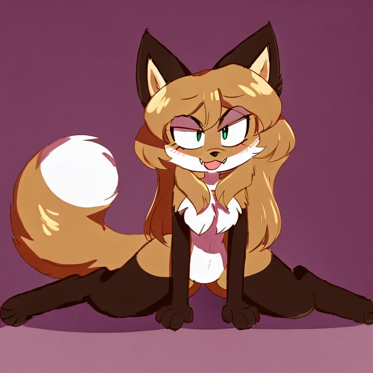 uploaded the e621, beautiful and detailed, woman (((female))) ((anthro)) Fox, (Averi, Fox girl), cinematic lighting, Fox, (anthro, fluffy fur), 1girl, anthro fox girl, body fur, curvy, sexy, nice, cute, hot, comfortable anime-style cartoon-style, digital drawing, SFW, flat chest, nervous smiling, green eyes, sassy, sassy hips, smug, fangs, simple background, lying down, lying on side, seductive pose