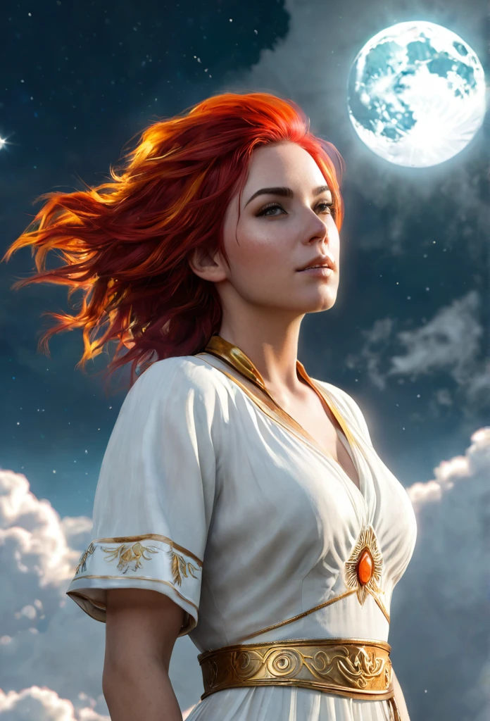 (photorealistic:1.7), (Stylish pose), ( her Body)) masterpiece, HD best quality, perfect face.Artist Mary Jurgens, Starsnits90, Greg Rutkowski Cryengine, Ubisoft))((Kneeling surrounded by clouds in the sky)) Is a girl. The Character eyes shine like jasper, her neck is graven with gold, her skin is lunmious as the moon. Wearing a white dress. Red and orange mix  teal hair, burning with fire
