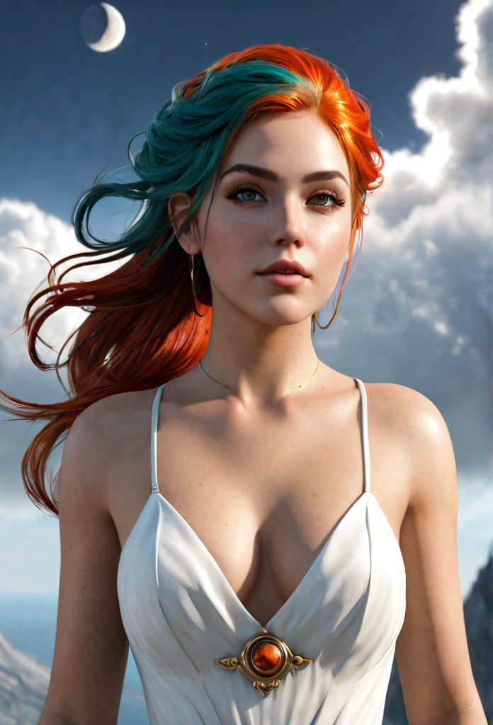 (photorealistic:1.7), (Stylish pose), ( her Body)) masterpiece, HD best quality, perfect face.Artist Mary Jurgens, Starsnits90, Greg Rutkowski Cryengine, Ubisoft))((Kneeling surrounded by clouds in the sky)) Is a girl. The Character eyes shine like jasper, her neck is graven with gold, her skin is lunmious as the moon. Wearing a white dress. Red and orange mix teal hair, burning with fire