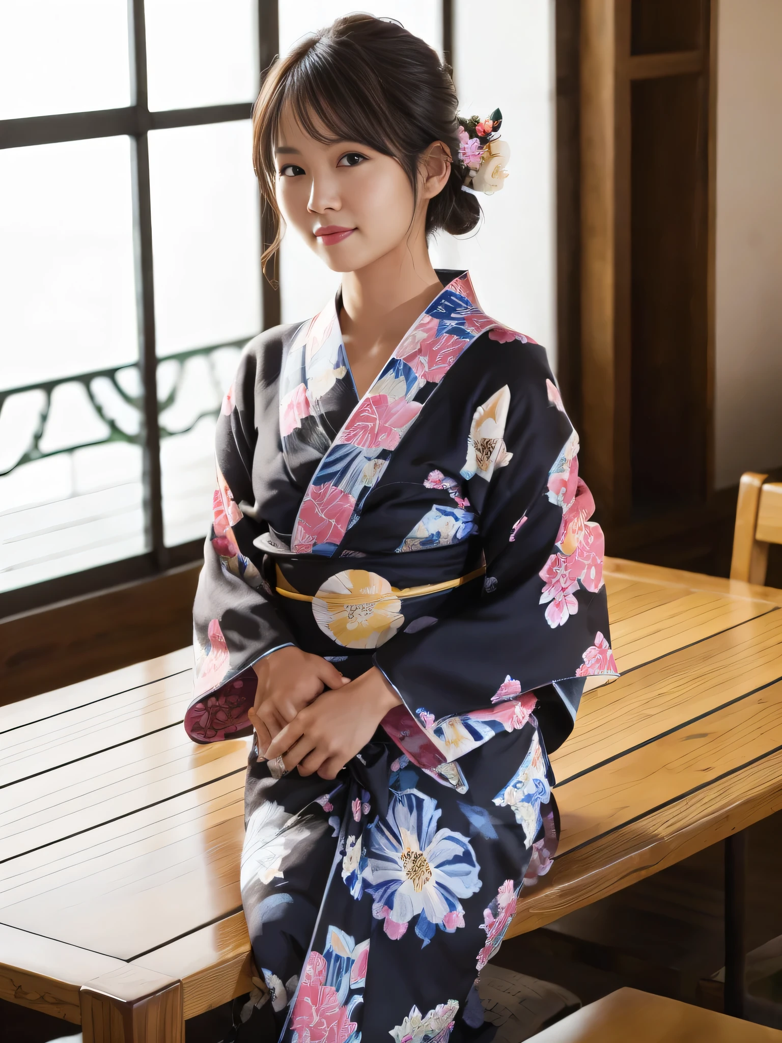 (table top, highest quality:1.4), ,the most beautiful in the world, 8k, 85mm, absurd, (floral pattern yukata:1.4), Upper body, expose one&#39;s chest、 violaces, gardenia, delicate girl, alone, night, looking at the viewer, Upper body, film grain, chromatic aberration, sharp focus, face light, professional lighting, Sophisticated, (smile:0.4), cleavage, (simple background, background bokeh:1.2),