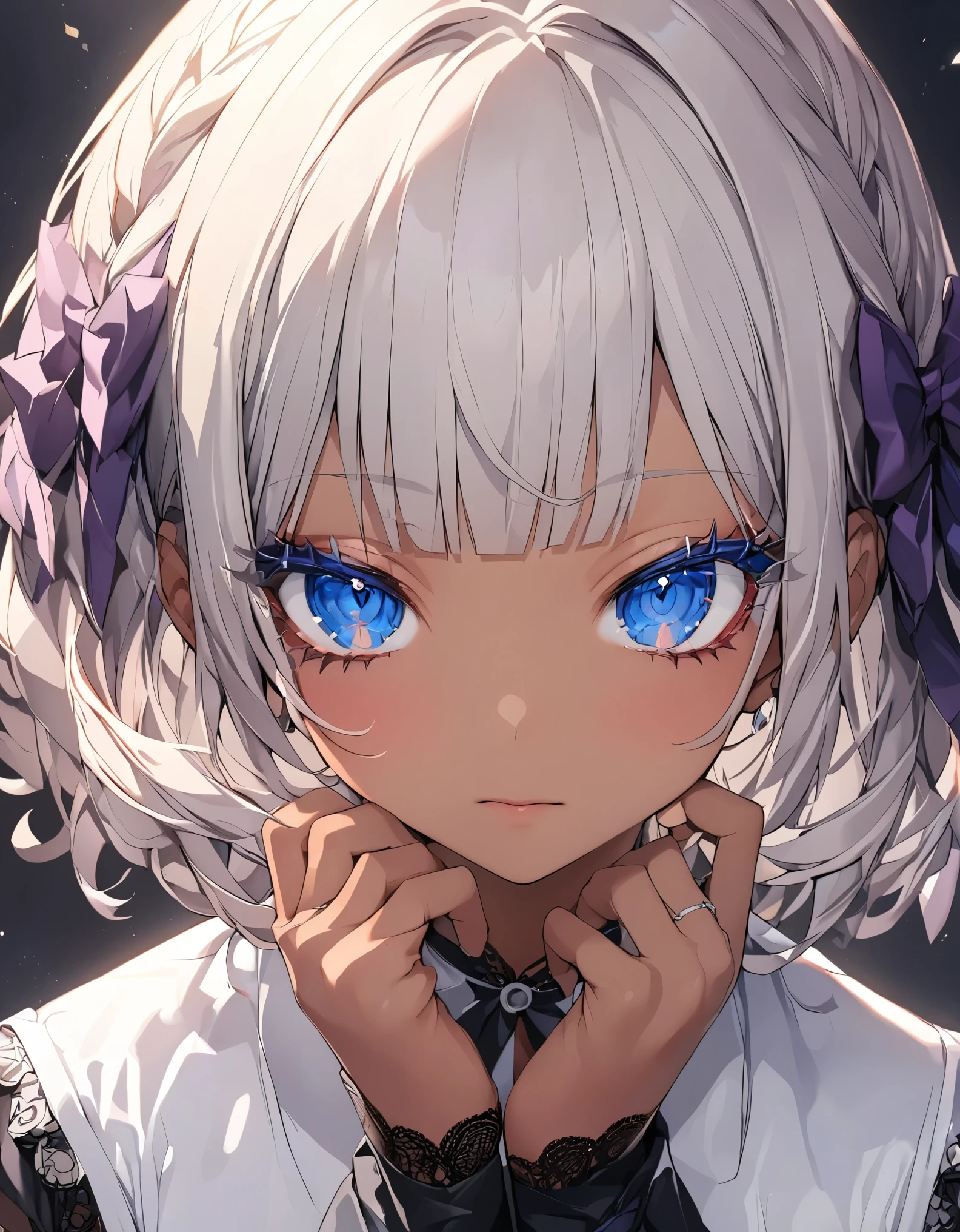 masterpiece, highest quality, Very detailed, High resolution, Japanese anime,A girl in a magic , (Dark Skin:1.2), Silver Hair, (short hair:1.4), (Blunt bangs:1.3), Curly Hair, Wavy Hair, Drill Hair, (eyelash:1.3), (eye shadow:1.3), (Blue eyes:1.5), (Beautiful fine details:1.4), Eyes half closed, Height: 130cm, original character, Fantasy, (Black background:1.2), Beautiful fingers, Are standing, (lace spats:1.5), (black cashewia:1.5) , Shoot from the front, View Viewer