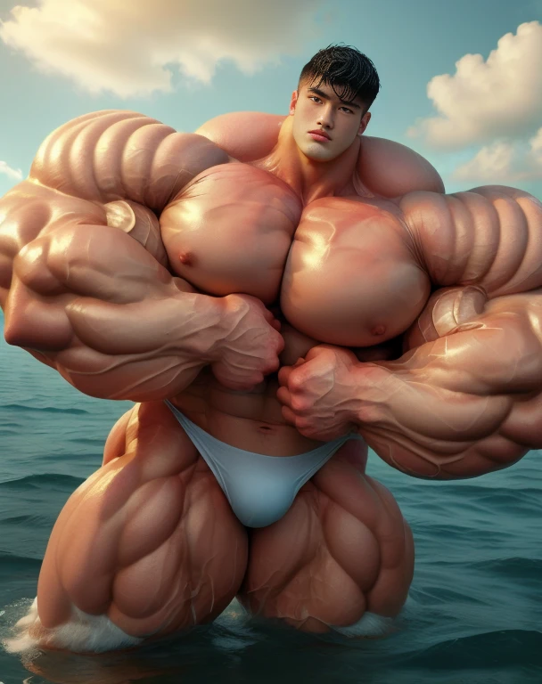 1 asian men, handsome, giant, buzz black haircut, model shoot style, looking at camera, standing, posing arms, outdoor, in the ocean, strong body, bulk, naked, wear white swimwear underpants, bulge, big, brutalmass, giant, muscular body, bulk, massive body, large meaty body size, brown veiny skin, big arms, ballooning meaty pecs, big butt. Wet, water splash, ocean waves, UHD, Realistic, intricate detail