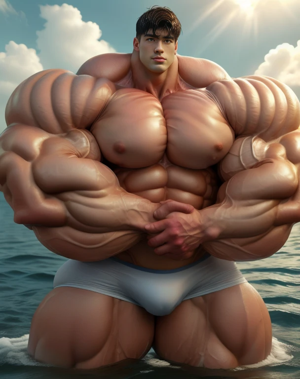 1 asian men, handsome, giant, buzz black haircut, model shoot style, looking at camera, standing, posing arms, outdoor, in the ocean, strong body, bulk, naked, wear white swimwear underpants, bulge, big, brutalmass, giant, muscular body, bulk, massive body, large meaty body size, brown veiny skin, big arms, ballooning meaty pecs, big butt. Wet, water splash, ocean waves, UHD, Realistic, intricate detail