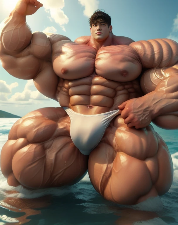 1 asian men, handsome, giant, buzz black haircut, model shoot style, looking at camera, standing, posing arms, outdoor, in the ocean, strong body, bulk, naked, wear white swimwear underpants, bulge, big, brutalmass, giant, muscular body, bulk, massive body, large meaty body size, brown veiny skin, big arms, ballooning meaty pecs, big butt. Wet, water splash, ocean waves, UHD, Realistic, intricate detail