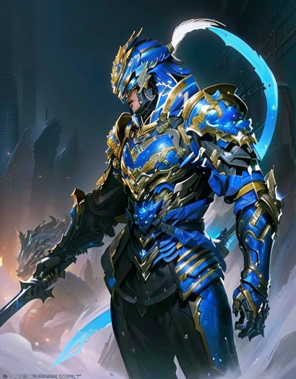 a close up of a Chinese man with black hair holding a sword and a blue armored suit, blue armor, guyver style, dragon inspired blue armor, guyver, beautiful biomechanical djinn, guyver dark hero, warframe art, warframe infested art, detailed warframe fanart, blue and ice silver color armor, alien space knight, fantasy armor, water armor