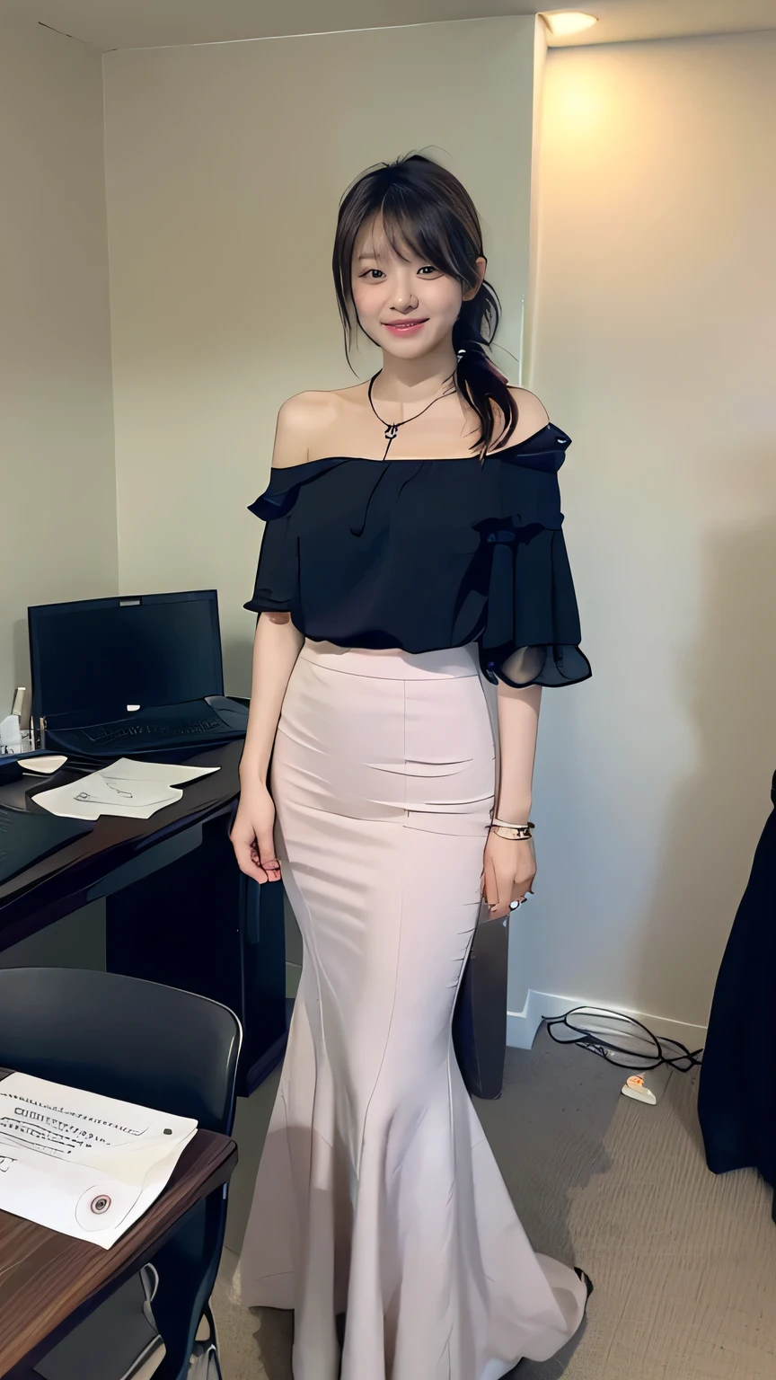 (Woman in office:1.3、The background is the office)、(Realistic、Like a photograph、Live Action、8k, Realistic, RAW Photos, Best image quality: 1.4), Single-lens reflex camera、RAW Photos, highest quality, Realistic, Very detailed CG Unity 8k wallpaper, Written boundary depth, Cinematic Light, Lens flare, Ray Tracing, Realistic background、(Ruffled blouse:1.2、(Mermaid Skirt:1.5,Long skirt)、Big Breasts:1.37、((Wear a name tag around your neck)))、((ultra high density skin))、 1 female,Cute Japanese Woman、Japanese office lady at work、((whole body:1.5),View the computer:1.1、smile、(Medium Hair、Short Ponytail:1.3)、I like that style、stylish、Very detailed、Pay attention to the details、Perfect outfit、(Sunburned skin)、Beautiful feet:1.1,Anatomically correct body、Accurate Fingers、Are standing、View from the front