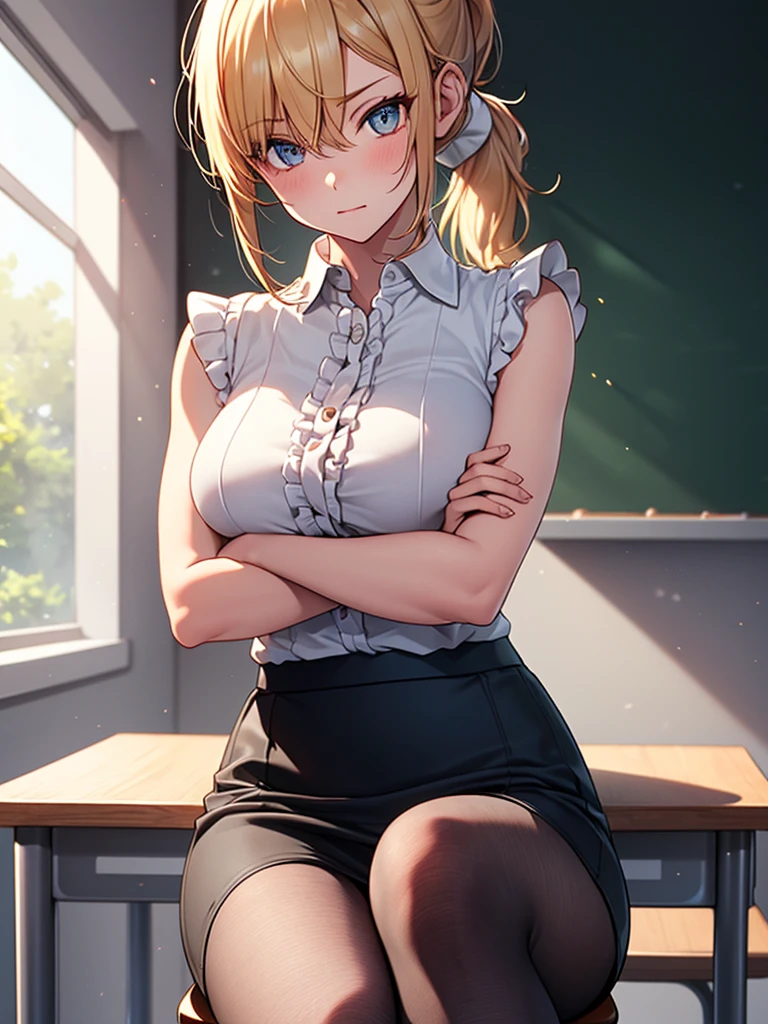(highest quality, High resolution, perfect pixel, Depth of bounds written, 4K), upper body, (chair), (desk), (looking down), (detailed eyes), (1 lady), tall, (skinny body:1.2), (thin thighs:1.2), (Narrow hips:1.2), (teacher:1.2), (white sleeveless frilled shirt:1.2), middle breasts, blond hair, (ponytail:1.2), (black pencil skirt:1.2), (slit), (pantyhose:1.2), (sitting), (crossed legs), (crossed arms:1.2), (clear face), 