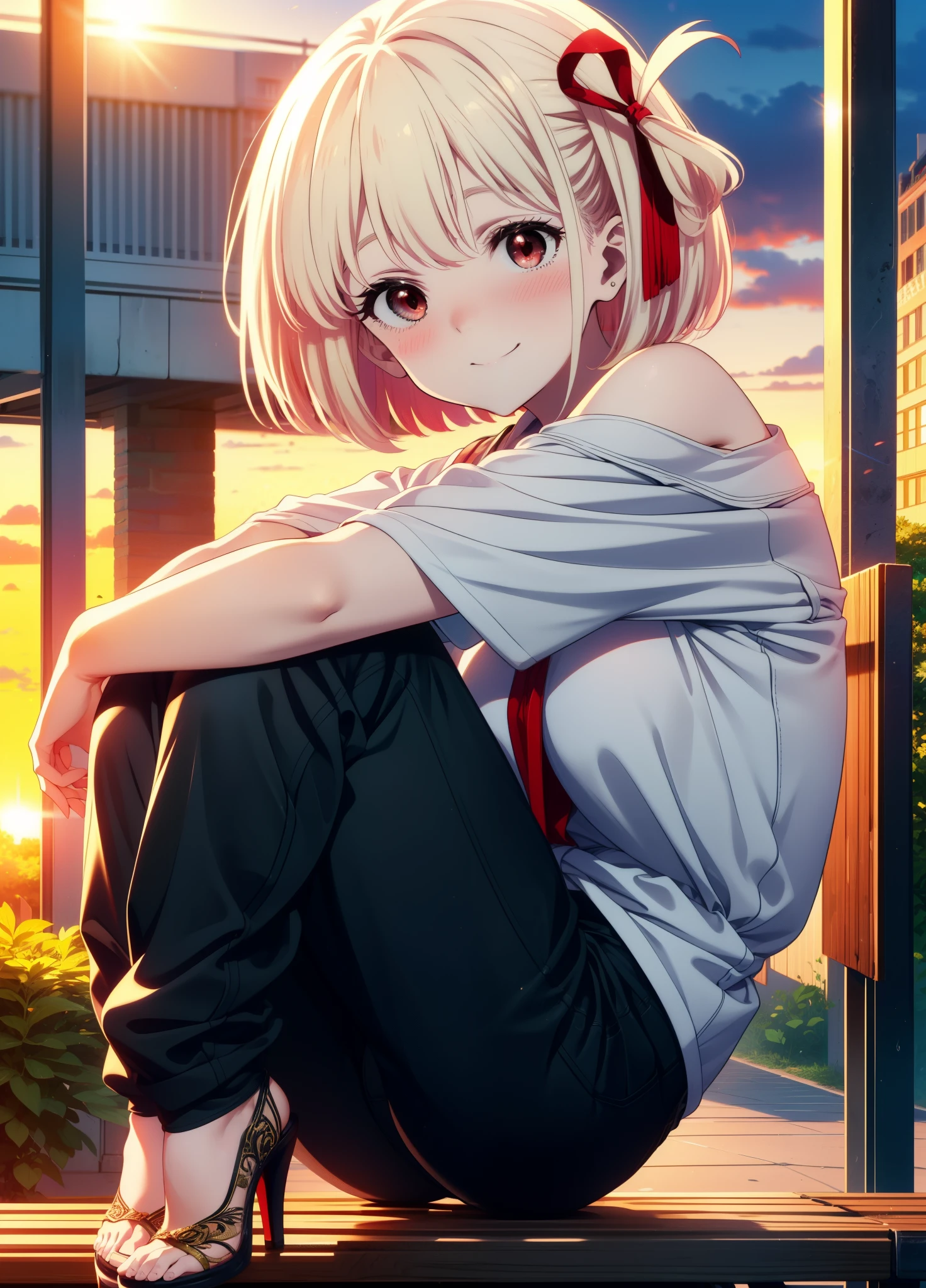 chisatonishikigi, Chisato Nishikigi, short hair, bangs, Blonde Hair, (Red eyes:1.5), hair ribbon, One side up, Bobcut,smile,blush,
Cord off-shoulder top,Short sleeve,skinny pants,Stiletto heels,morning,morning陽,The sun is rising,So that the whole body goes into the illustration,morning,morning陽,The sun is rising, sitting on a park bench,
Destroy outdoors, Destroying the park looking at viewer, Systemic
break (masterpiece:1.2), highest quality, High resolution, unity 8k wallpaper, (figure:0.8), (Beautiful fine details:1.6), Highly detailed face, Perfect lighting, Highly detailed CG, (Perfect hands, Perfect Anatomy),