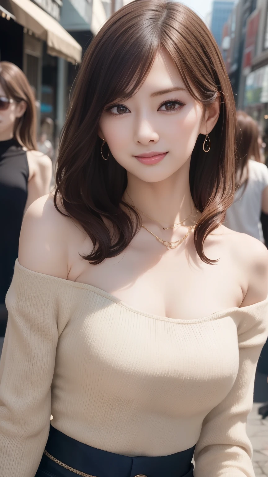 Realistic、Realistic、highest quality、Natural Lip、Fair skin、Great light、Beautiful lighting、bangs、Off the shoulder、Large Breastsの谷間、Large Breasts、Tube top、Clothing that shows the navel、mini skirt、Gorgeous Accessories、Harajuku、smile、かわいいsmile、Crowds in the city