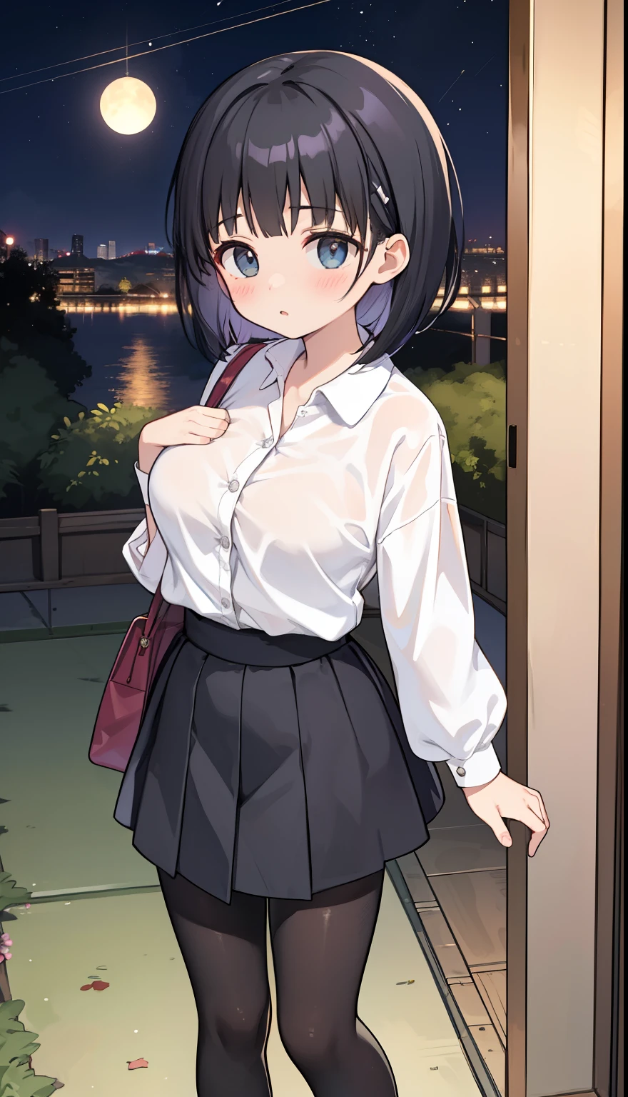 One Girl、positive、Standing posture、Full body portrait、Black Hair、Medium Haircut、blush、Absolute area、Black knee-high socks、Knee-length、stockings、Black Pantyhose、White underwear、、mini skirt、Japanese high school students、Summer clothes、Night entertainment district、night、(Very large breasts)、Cleavage、open chest shirt、((Lesbians around the world))、masterpiece、(highest quality)、
Panties around the ankles、Black Loafers、Shirt buttons fly off、Unbutton your shirt、Exposing the breasts、Bare your breasts