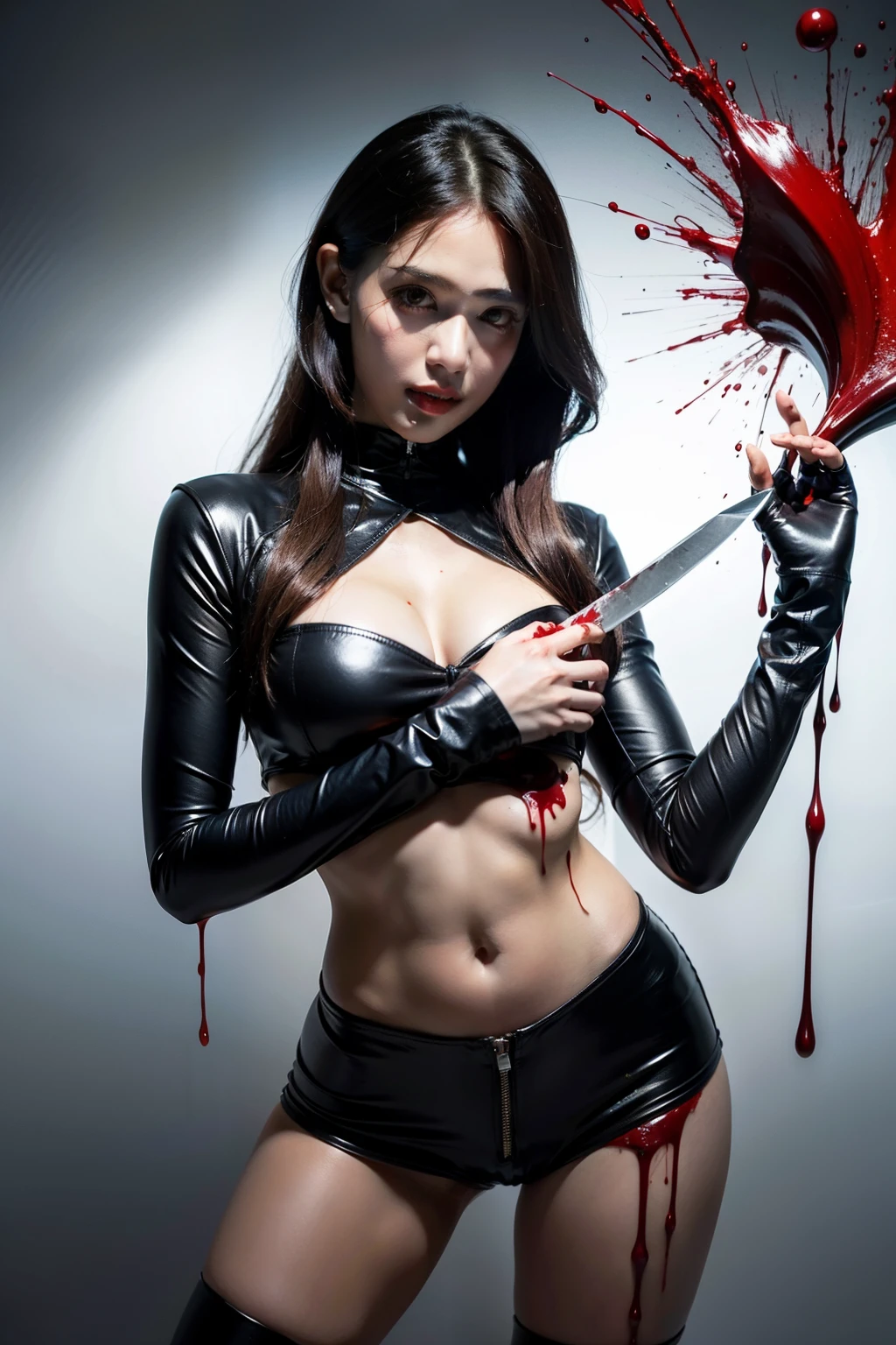 Cat woman, knife, blood splashing, blood splashed