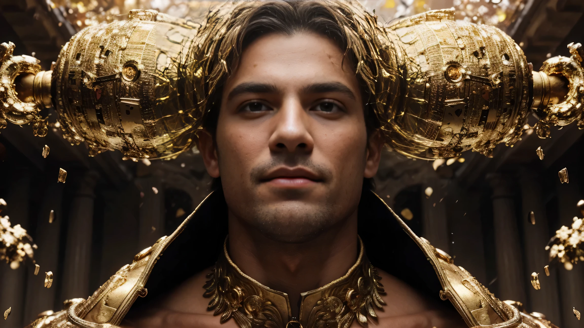 a man in front of a mansion full of gold coins falling from the sky, ultra detailed image, realism, 8k, hyper detailed skin, intense and vivid colors.
