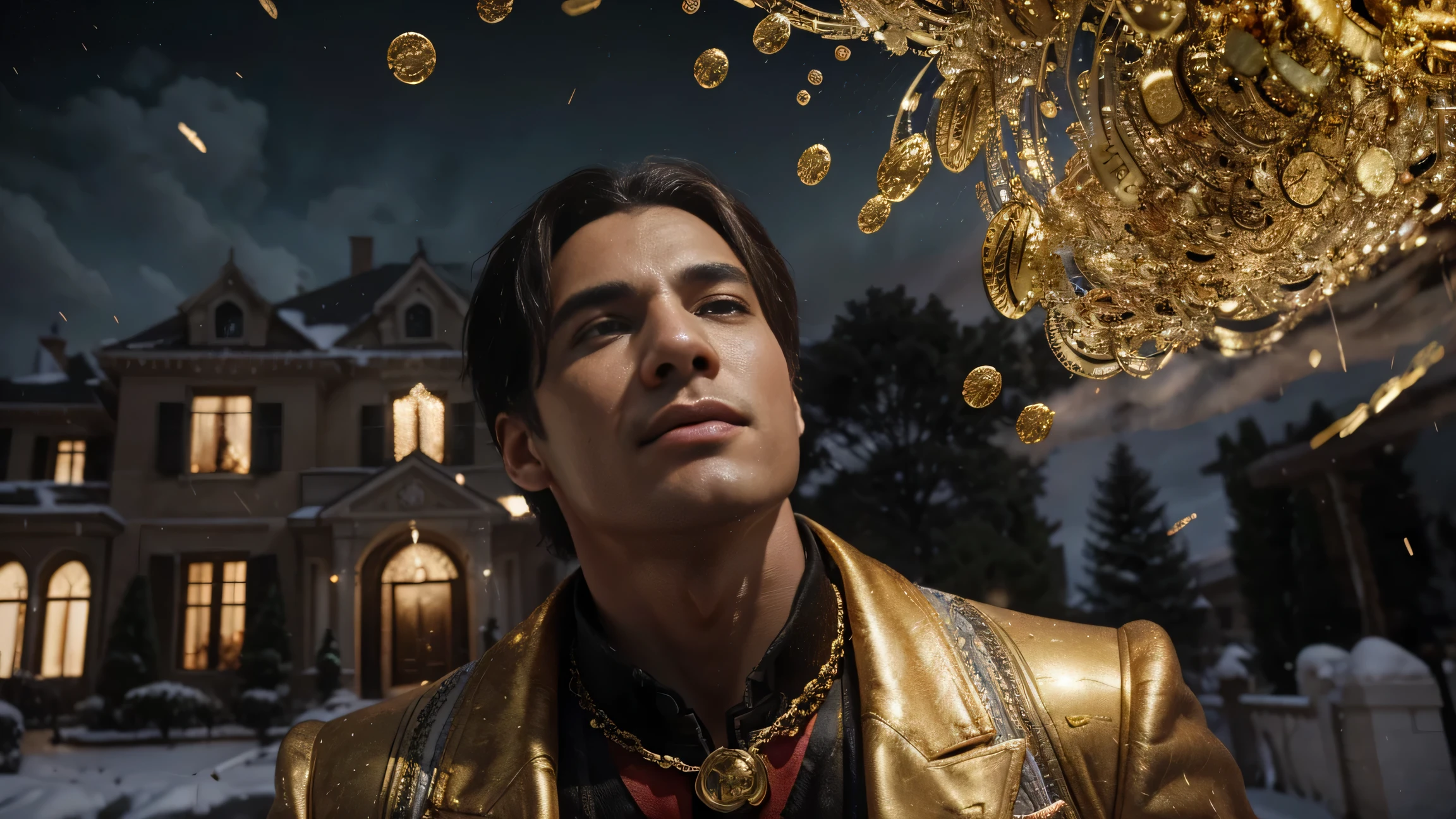 a man in front of a mansion full of gold coins falling from the sky, ultra detailed image, realism, 8k, hyper detailed skin, intense and vivid colors.
