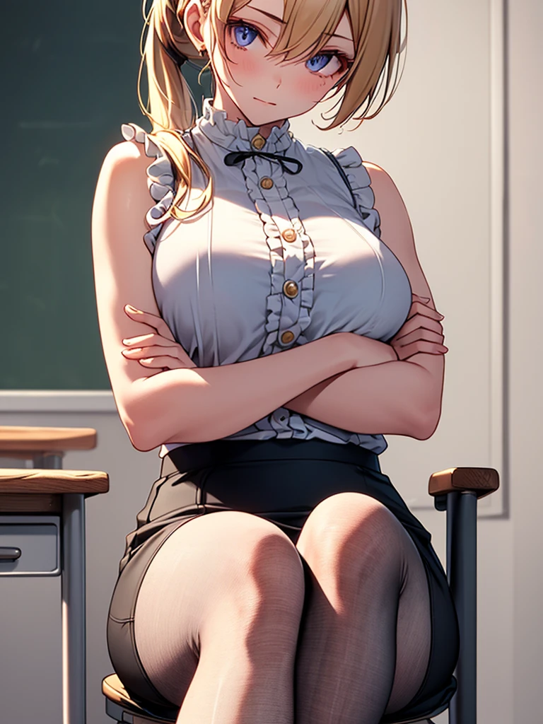 (masterpiece、top-quality;1.3)、ighly detailed、atlibrary、Black Hair Band、Blonde long hair、big breast beauty、a miniskirt、The crotch is wet、Orgy、Rape、teats、Opening legs、a blue dress