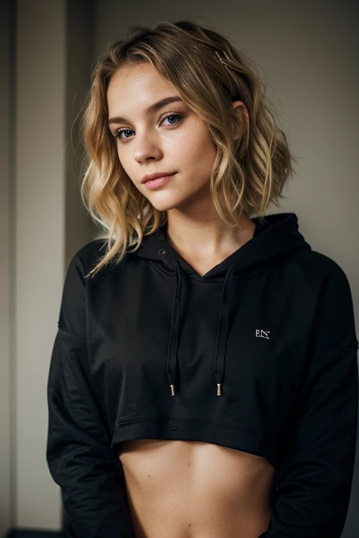 young woman, blonde, short wavy hair, she wears a black hoodie, tired eyes, slight smile