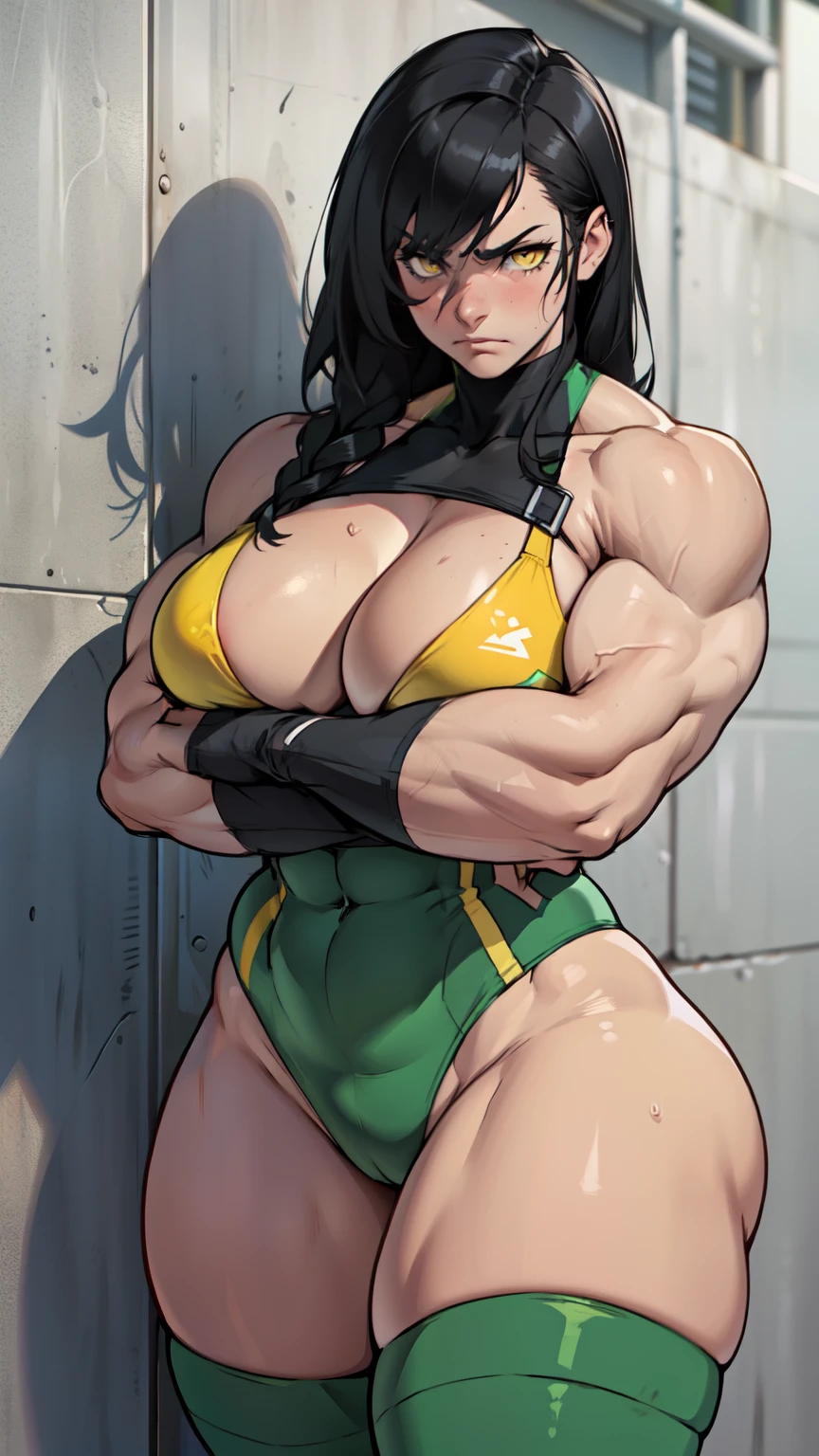 ((((muscular girl large breasts huge thighs)))) pale skin black hair yellow eyes skintight sad frown