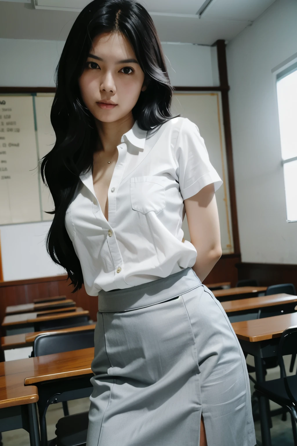 Instagram  photo of an Indonesian woman with small breasts (medium long hair), seductive, sensual look, ((arms behind back)), (cowboy shot), Sma_uniform (unbuttoned),  uniform, high , white shirt, grey skirt, standing in classroom 