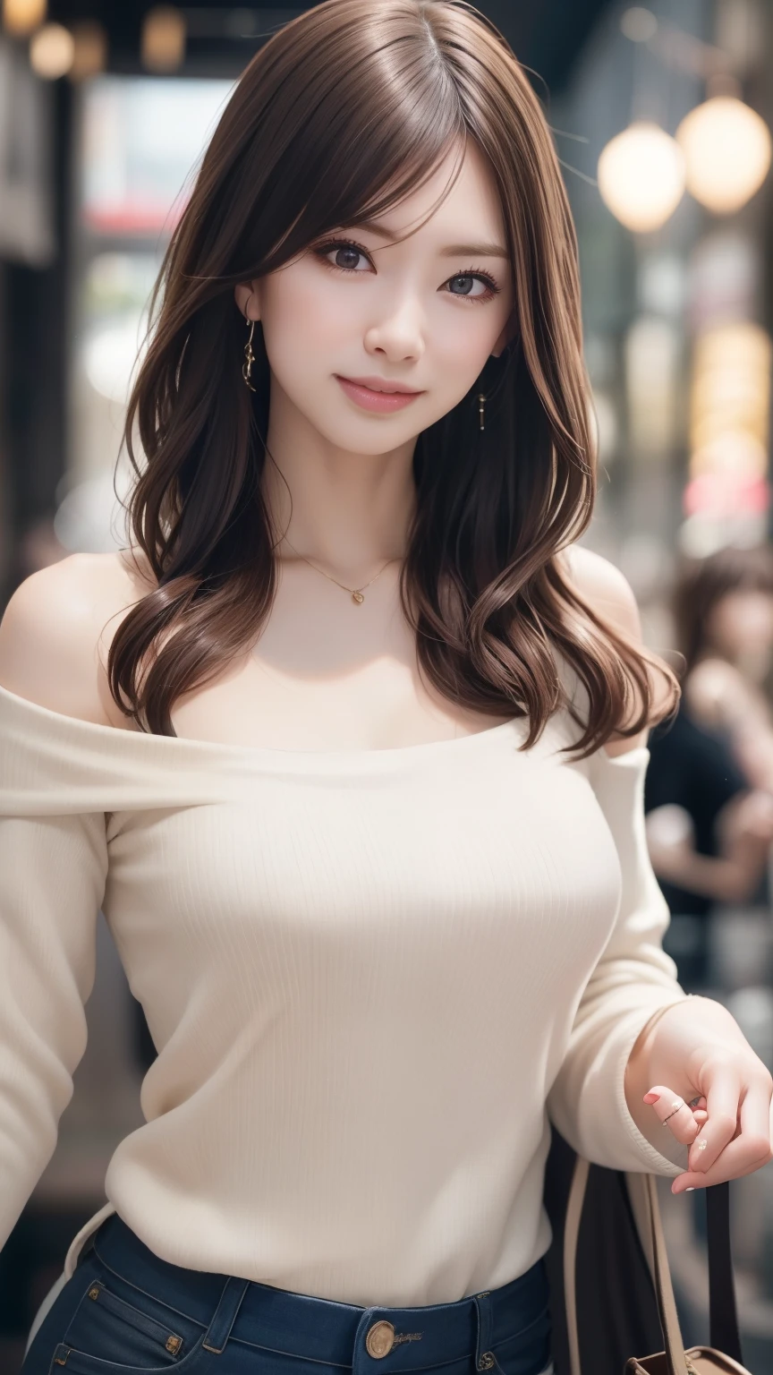 Realistic、Realistic、highest quality、Natural Lip、Fair skin、Great light、Beautiful lighting、bangs、Off the shoulder、Large Breastsの谷間、Large Breasts、Tube top、Clothing that shows the navel、Shorts、Gorgeous Accessories、Harajuku、smile、かわいいsmile、Crowds in the city