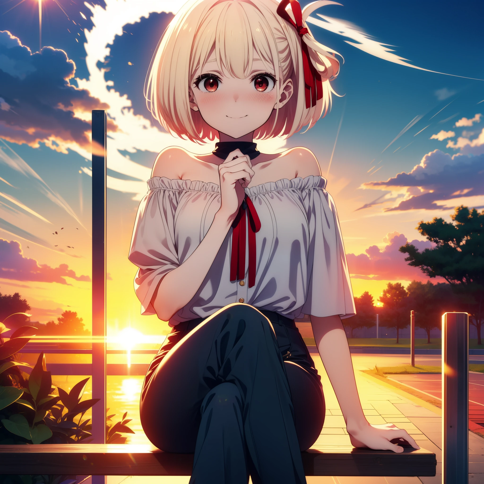 chisatonishikigi, Chisato Nishikigi, short hair, bangs, Blonde Hair, (Red eyes:1.5), hair ribbon, One side up, Bobcut,smile,blush,
Cord off-shoulder top,Short sleeve,skinny pants,Stiletto heels,morning,morning陽,The sun is rising,whole bodyがイラストに入るように,morning,morning陽,The sun is rising, sitting on a park bench,
break outdoors, 公園
break looking at viewer, whole body,(Cowboy Shot:1. 5)
break (masterpiece:1.2), highest quality, High resolution, unity 8k wallpaper, (figure:0.8), (Beautiful fine details:1.6), Highly detailed face, Perfect lighting, Highly detailed CG, (Perfect hands, Perfect Anatomy),