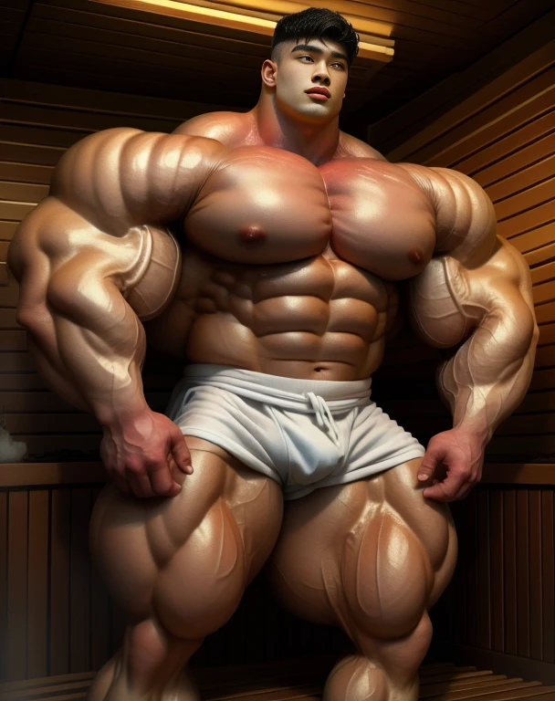 1 asian men, handsome, giant, buzz black haircut, model shoot style, looking at camera, standing, posing arms, indoor, in the sauna, illuminating light, strong body, bulk, naked, wear white swimwear underpants, bulge, big, brutalmass, giant, muscular body, bulk, massive body, large meaty body size, brown veiny skin, big arms, ballooning meaty pecs, big butt. wet, white slime spills, UHD, Realistic, intricate detail