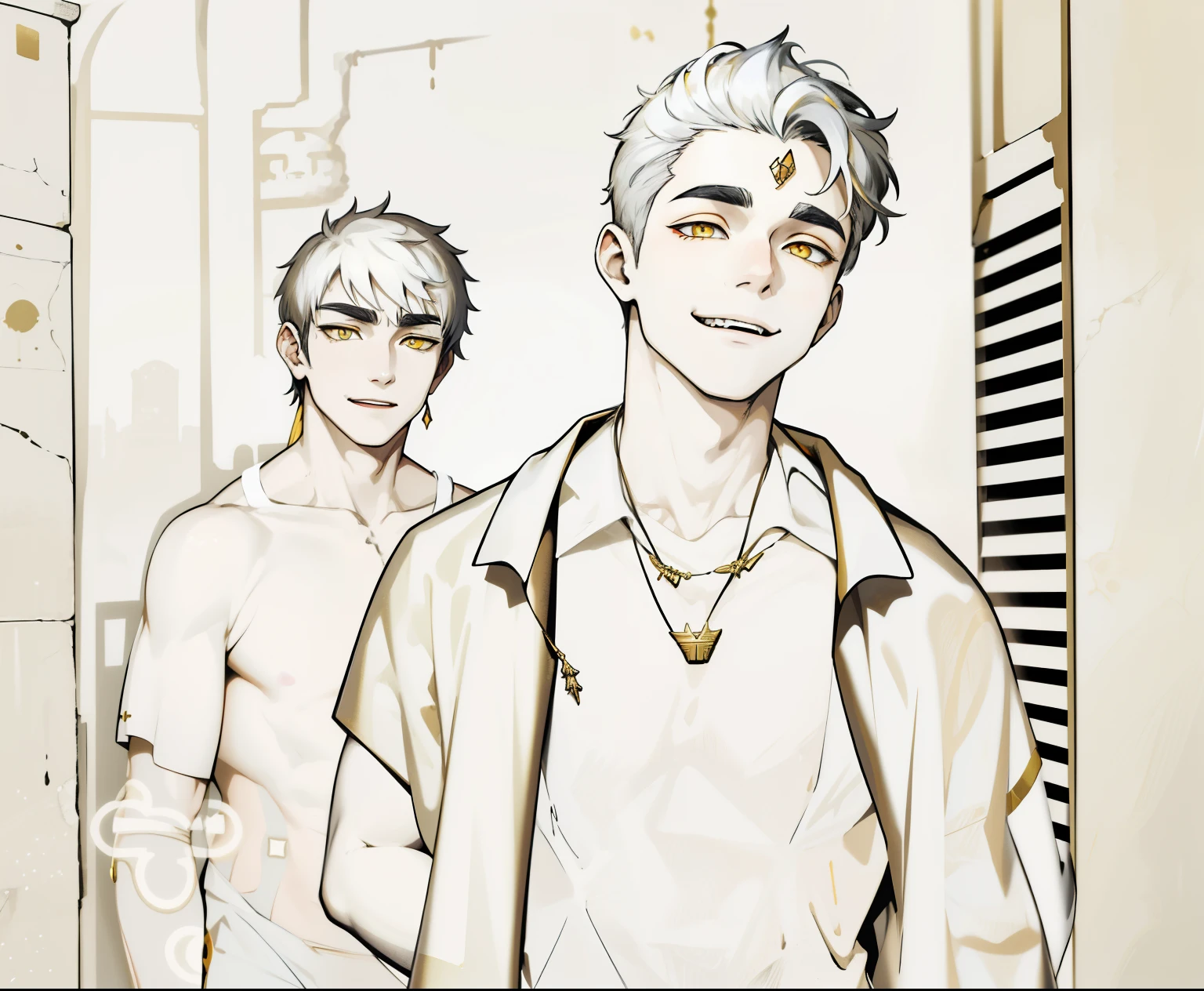 cute 18 year old boy yellow eyes white hair ancient egyptian clothing golden jewelry mischievous smile pocardia speaks with mockery irony yellow eyes white hair golden jewelry black and yellow egyptian clothes