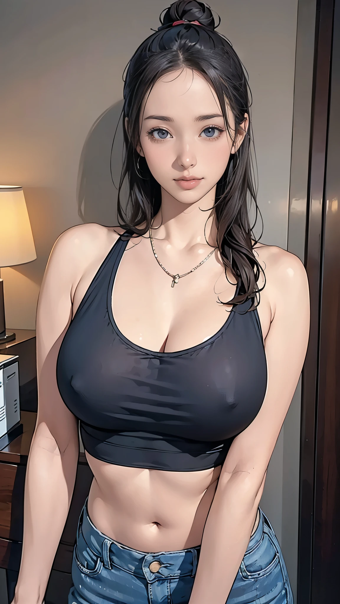 (masterpiece:1.2, highest quality), (Realistic, photoRealistic:1.4), Beautiful illustrations, (Natural Side Lighting, Cinema Lighting), Written boundary depth, Beautiful thighs staring at the viewer, (Face Focus, Upper Body), 1 female,20-year-old,alone,(With background:Hotel Rooms) , Long Hair, Curly Hair, Bun Hair, Forehead, Forehead, Forehead, Big Boobs, Cleavage, Tank top, belly button, jeans, necklace, Earrings, Are standing