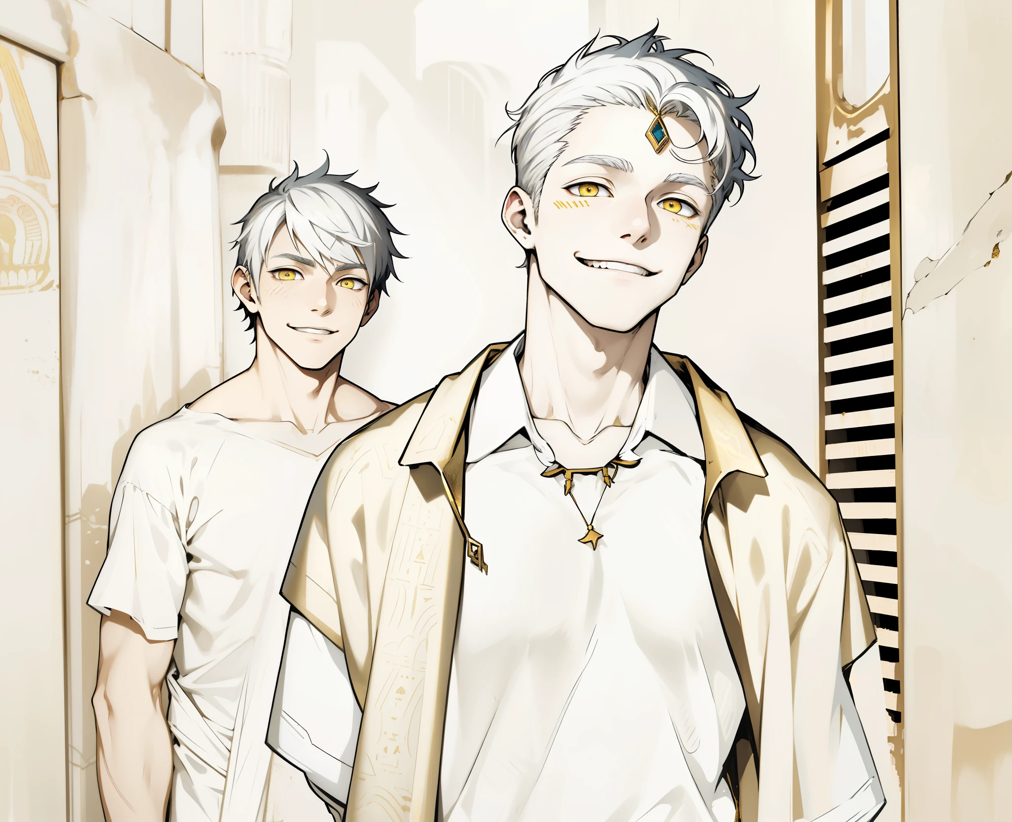 cute 18 year old boy yellow eyes white hair ancient egyptian clothing golden jewelry mischievous smile pocardia speaks with mockery irony yellow eyes white hair golden jewelry black and yellow egyptian clothes