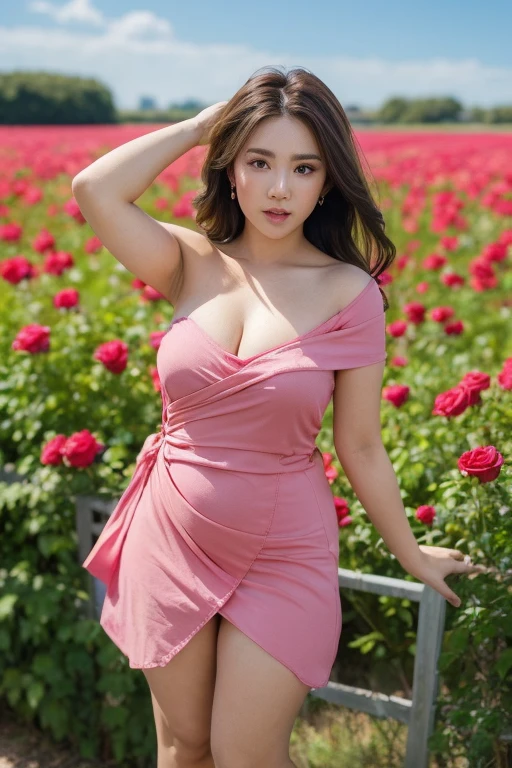 A beautiful girl with a busty figure and a mesmerizing face wearing a Lemonade pink 1-shoulder dress in a field of colorful roses. blue sky,The Close up,Tilted Head,Breezy Hair,Full Frontal Pose.