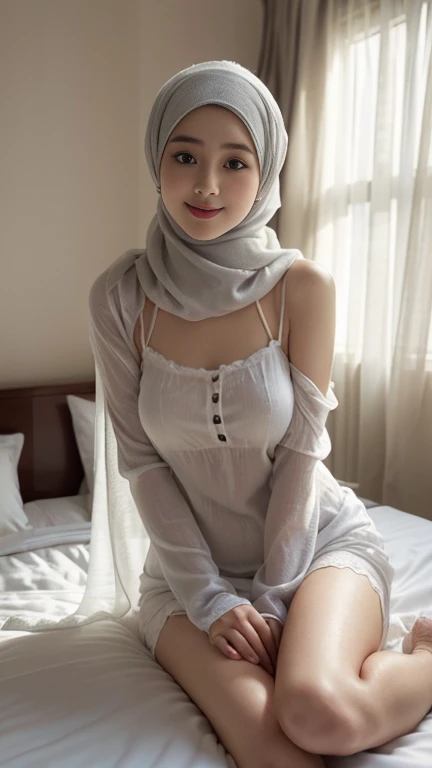 (64k, RAW photo, best quality, masterpiecel1.4), (realistic, photo-realistic:1.37), (lighting), (medium-breasted:1.2), ((erectnipples)), (((rolled up blue cotton shirt with a white collar revealing a flesh-colored transparent))). Shirt rolled up to the neck, ((white colour pushup bra:1.1)), revealing slim hips, revealing detailed sideboobs, ((detailed breast cleavage:1.1)), [[[spread leg, split legs]]], ((petite body)), ((photo of a women in short black hijab)), ((muslim woman in short black hijab)), ((full body shot)), thick eyebrows, ((looking at viewer)), ((sitting on the bed)), ((both hands rolled up the cotton shirt)), ((smiling face)), happy face, creative upscale