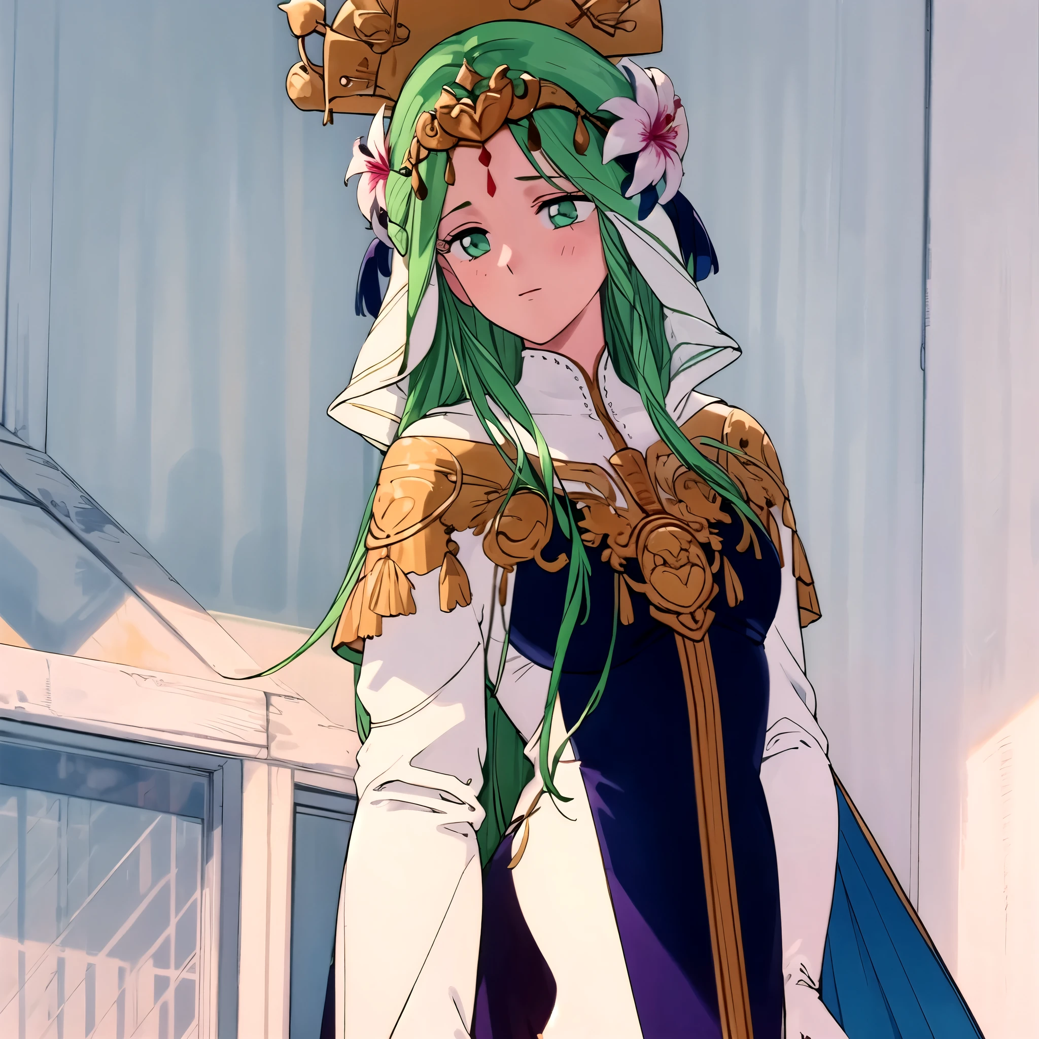 Masterpiece, solo, 1girl, upper body, defRhea, headdress, hair flower, tiara, blue cape, long white dress