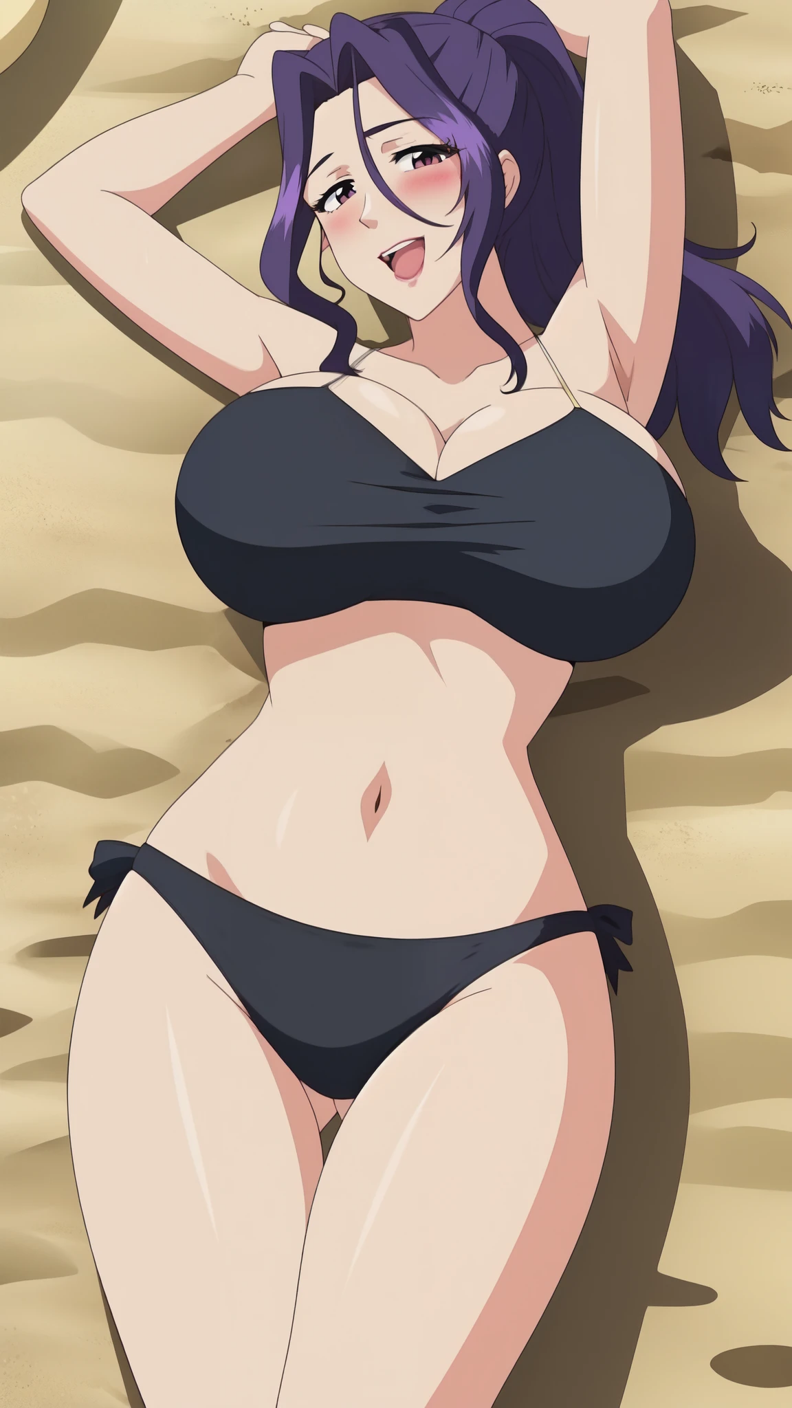 1girl, breasts, lying on floor, sand, (black swimsuit)), bikini, violet eyes, solo, huge breasts, navel, blush, long hair, open mouth, cleavage, outdoors, sand , looking at viewer, clothing cutout, day, pruple hair, smile, on back , hair between eyes, ponytail, ponytail, cleavage cutout, black bikini, purple bikini, , , bare shoulders