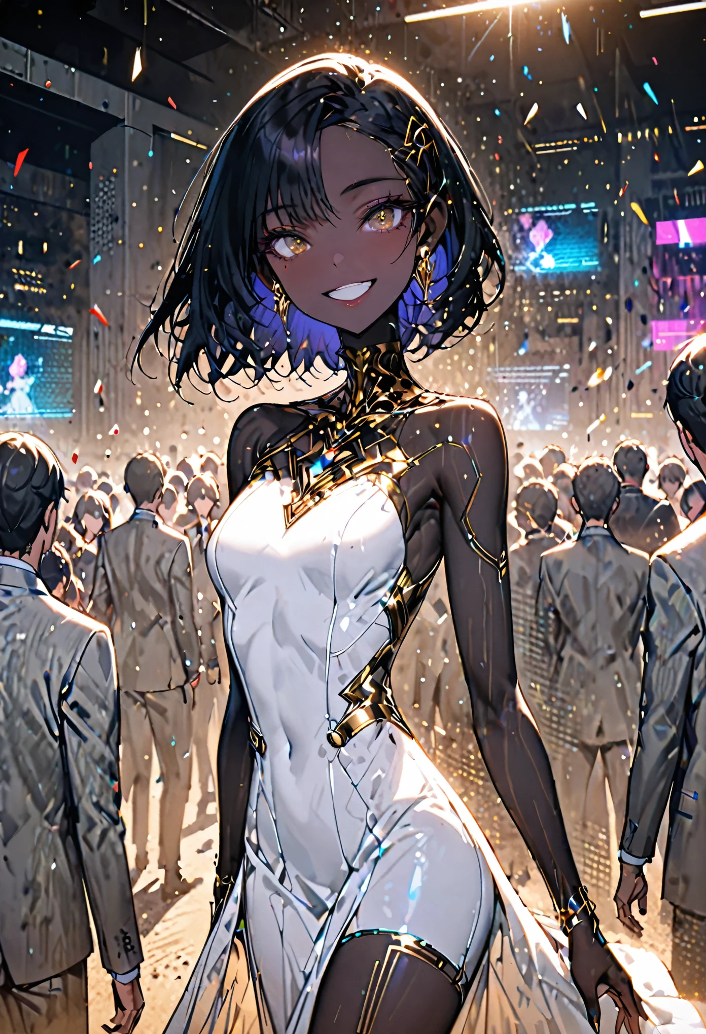 female, sfw, futuristic, extremely dark skin, black hair, slender, very tall, desert, medium shot, elegant, indoors, brutalism, concrete, white gala dress, short dress, playful, wide smile, necklace, party, mature adult, large breasts, deep v neck, white dress shrug, modest clothes, modest, humble,