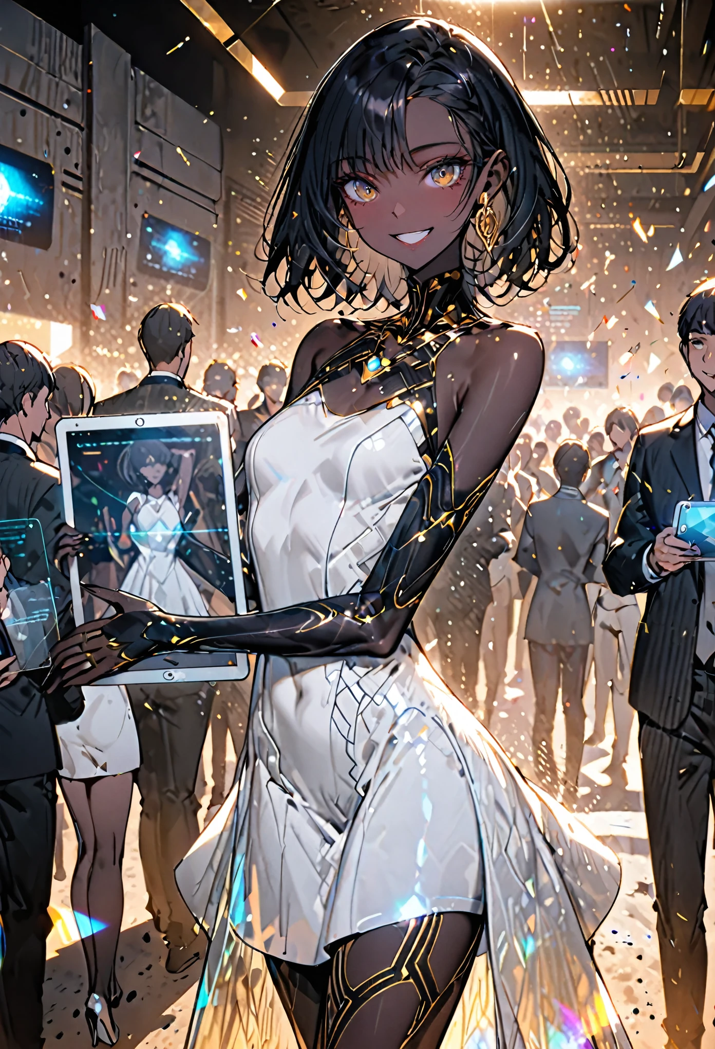 solo, female, sfw, futuristic, extremely dark skin, black hair, slender, tall, desert, medium shot, elegant, indoors, brutalism, concrete, simple white dress, hologram:0.5, playful, wide smile, jewelry, gold, tablet, crowd, party