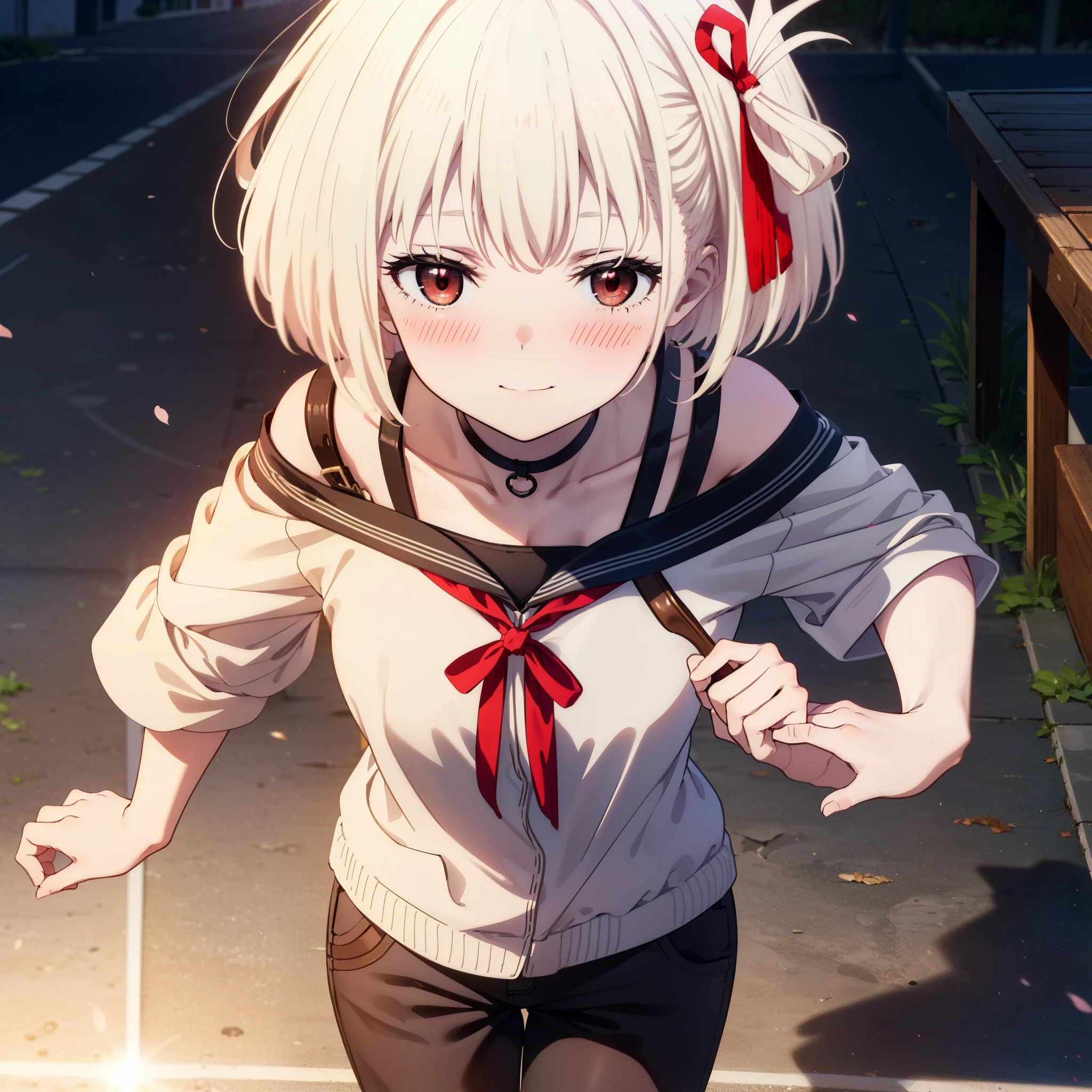 Chisatoniki、Nishikigichisato、short-hair、bangs blonde、(Akame:1.5)、Hair Ribbon、Single-sided up、bob cuts、White Long Sweater、Rest outdoors、red shorts rack、Short boots、城市、
top-quality、hight resolution、Unified 8K wallpapers、(illustratio:0.8)、(beatiful detailed eyes:1.6)、extra detailed face、Perfect litthing、extremely details CG、(perfect hand、perfect anatomia)、