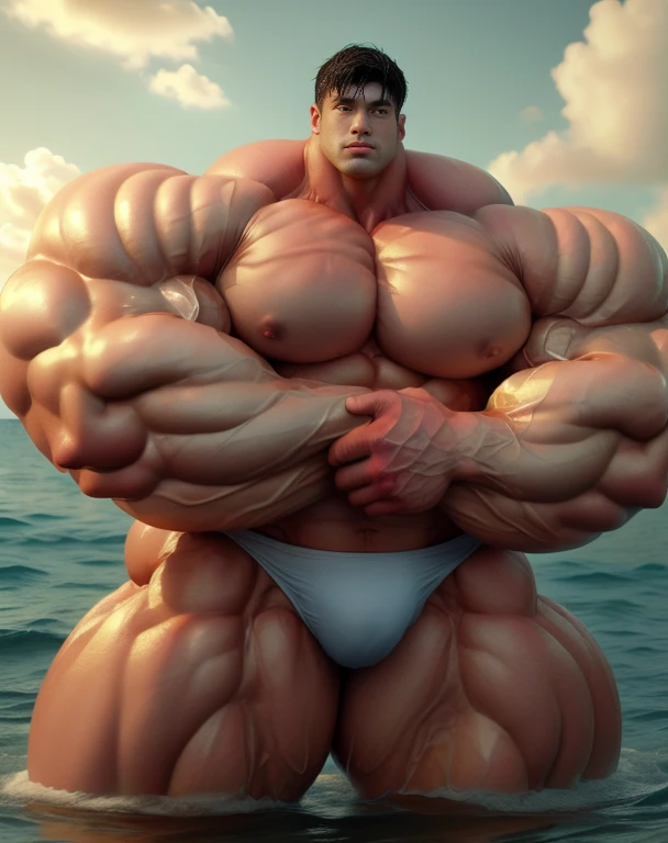1 asian men, handsome, giant, buzz black haircut, model shoot style, looking at camera, standing, posing arms, outdoor, in the ocean, strong body, bulk, naked, wear white swimwear underpants, bulge, big, brutalmass, giant, muscular body, bulk, massive body, large meaty body size, brown veiny skin, big arms, ballooning meaty pecs, big butt. Wet, water splash, ocean waves, UHD, Realistic, intricate detail