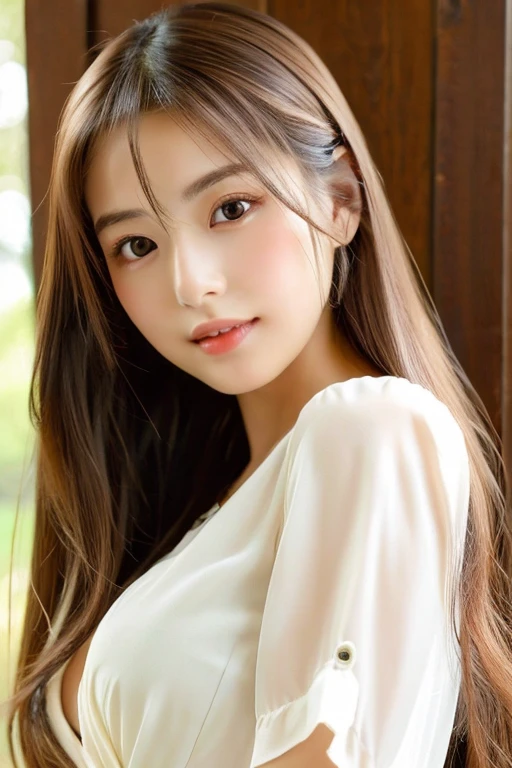 (((8ｋ,Very detailed,Attention to detail、highest quality，Masterpiece,Attention to detail))),RAW Photos & Realistic atmosphere,beautiful黒い瞳,Glossy lips,beautiful黒い Eyes，White skin、Deep black eyes,とてもbeautiful顔,とてもbeautiful顔、Lively face,beautiful, Glossy lips,beautiful Eyebrows,Realistic skin, Realistic Young Gravure Idol,Very cute woman , Young Gravure Idol, Young Gravure Idol, とても美しくてかわいいbeautiful 21 year old 美女,Incredibly beautiful and elegant，beautiful 21 year old 美女,Natural soft light,（Shiny Hair,,beautiful and kind eyes：1.5）,Gentle features,Shapely breasts,Long Hair,beautiful posture,No makeup,Looking at the camera,shirt，Japanese women，
